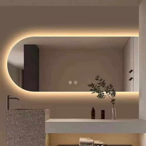 Xxbbyubo Wandmontage Beleuchteter Schminkspiegel, 3 Lichtfarben Dimmbar, Bogen Anti-Beschlag Badezimmerspiegel mit Touch-Schalter(Right Cut,40"x20") von Xxbbyubo