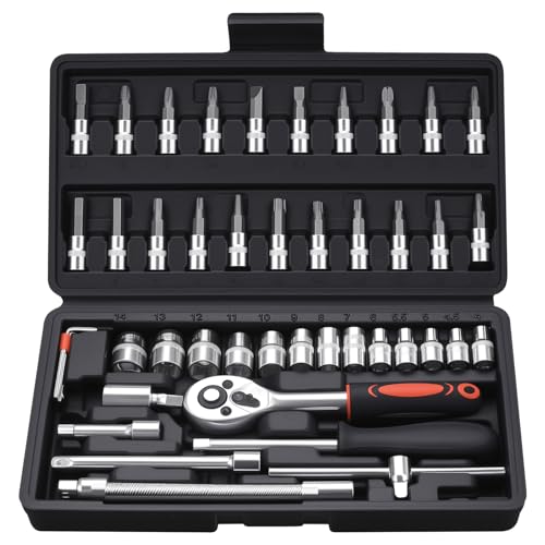 XxinXrong 46 STK Steckschlüsselsatz 1/4 Zoll Ratschenkasten, Steckschlüssel Bit Set, Vielzahn Satz Bits Stecknuss, mit Schnellspann & Umschaltknarre für Reparatur Auto Hause von XxinXrong