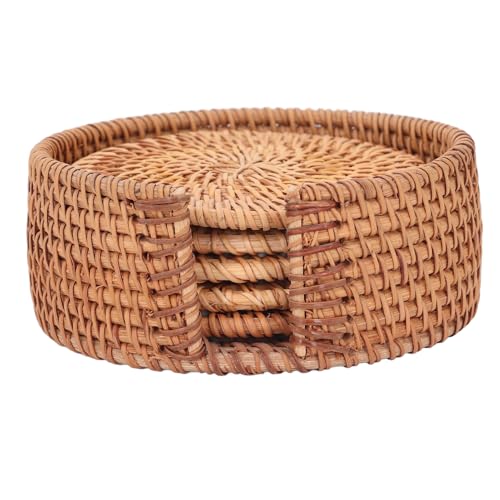 Rattan Coasters Set of 5 | 10cm Handwoven Plant - Based Fiber Hot Pads | Heat Defensive Placemats for Dining Table/Coffee Bar/Kitchen | Includes Storage Basket Rattan Coasters Set of 5 | 10cm Handwoven Plant - Based Fiber Hot Pads | Heat Defensive Placemats for Dining Table/Coffee Bar/Kitchen | Includes Storage Basket von Xyntor