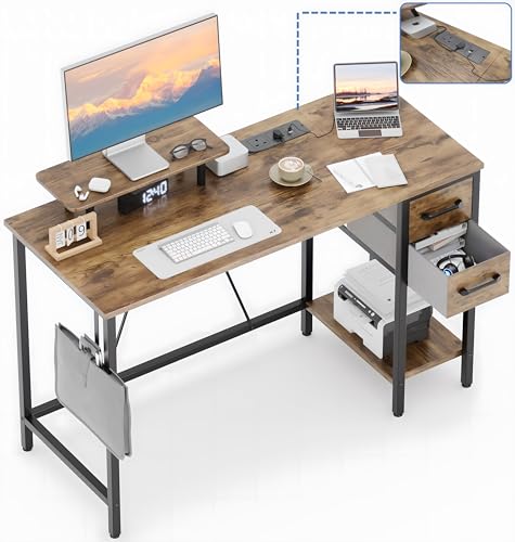Xyphren Eck-Computertisch mit Schubladen und Steckdosen, 100 cm, kleiner Heimbüro-Schreibtisch mit PC-Monitorständer, Gaming-Schreibtisch mit wendbarem Aufbewahrungsregal, Arbeitsplatz für von Xyphren