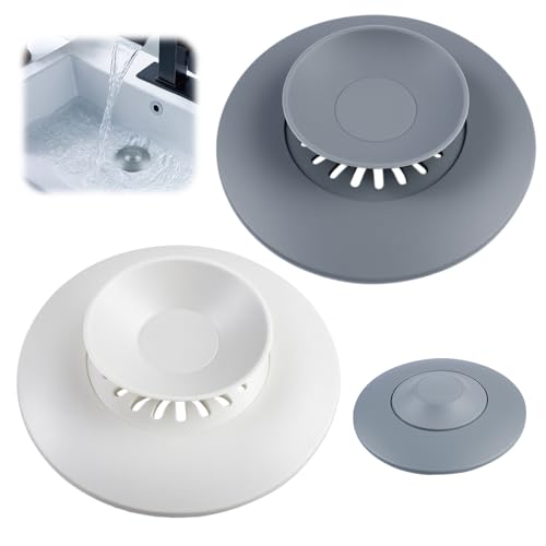 2 Stück Universal Abflussstopfen Silikon Mit Press, 11Cm Abflusssieb Silikon Mit Haarsieb Funktion, Rutschfestes Abflussstopfen Silikons Für Badewannen, Waschbecken, Küchenspülen (Grau Und Weiß) von Xyvor