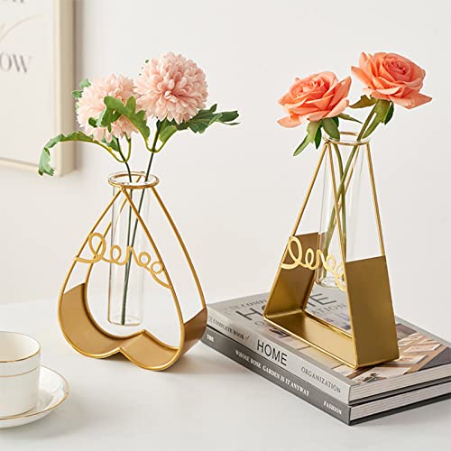 Xzbling Modern Deko Vase Goldene Vase Kreative Klare Blumenvase Glas Blumen Vase Mit Metall Ständer Geometrische Vase Reagenzglas Vase Für Wohnzimmer Büro Party Hochzeit Dekoration von Xzbling