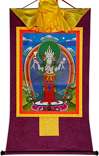 Buddhistische Tangka, tibetische Wand hängt, Vierarmiger Avalokitesvara, Padmapani, Chenrezig, tibetische Thangka-Malereikunst, buddhistischer Thangka-Brokat (Farbe: Rot, Größe: Mittel (62 cm * 47 (Fa von Xzeit