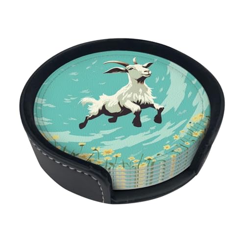 Goat Frolic Print Leder Untersetzer Runde Hitzebeständige Untersetzer Für Getränk Tasse Matte Für Bar Home Office von Xzeit