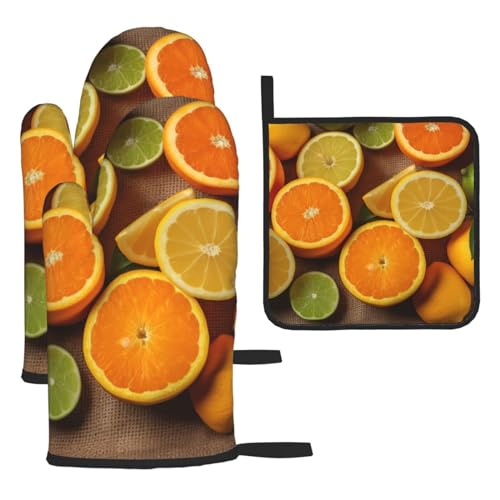 Ofenhandschuhe und Topflappen von Lemons and Oranges, 3 Stück, hitzebeständig, Ofenhandschuh-Set, rutschfeste Topflappen, Küchenhandschuhe und Pad zum Backen, Kochen, Grillen, BBQ von Xzeit