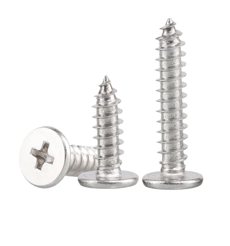 10 Stück selbstschneidende Kreuzschlitzschrauben aus Edelstahl 304, dünne Holzschrauben mit flachem Kopf und spitzem Schwanz M4 (Silber, M4x16 mm) von Xzhomfm