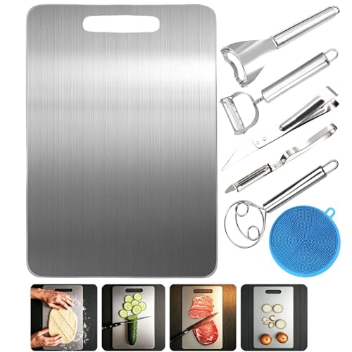 7 Stück Titan Schneidebrett Set, Edelstahl Schneidebrett, Titanium Cutting Board mit Rutschfestes Silikonpad, Doppelseitiges Lebensmittel Grade, Titanium Cutting Board für Fleisch, Brot, Gemüse & Obst von Xzyden