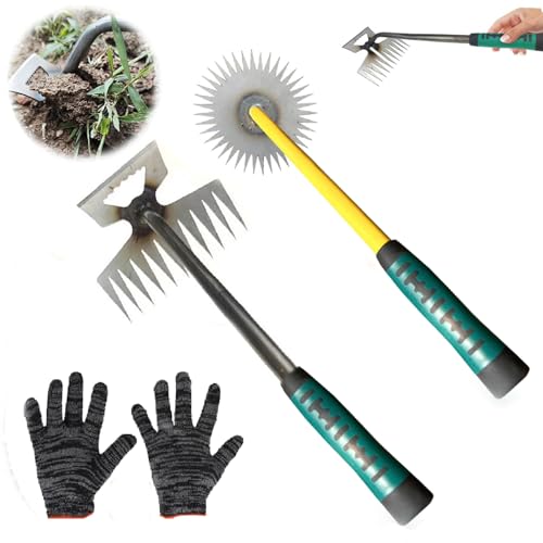 Unkrautstecher mit Stiel,2 Stück Unkrautzieher mit Handschuhe,10 Zähnen 2in1 Unkraut Entferner, Sonnenblumenkopf Typ Unkraut Entferner Gerät,Gartenhacke mit Stiel,Harke Garten mit Stiel für Graben von Xzyden