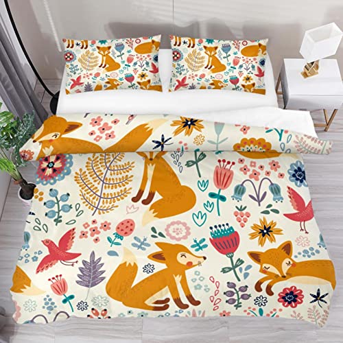 Bettwäsche-Set für Einzelbett, niedliche Füchse, Tiere, niedliche Blumen, Vögel, weiches Tencel-Bettbezug, Bettwäsche-Sets für Kinder, Jungen, Mädchen, 3 Stück mit 2 Kissenbezügen, Reißverschluss von Y-DSIWX