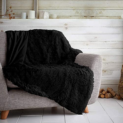 Yorkshire Homeware Langflor Kuschelige Kunstfell, Shaggy & Flauschige Überwürfe für Bett, Couch, Sofa, Stuhl, Heimdekoration, Decken, warm, elegant, gemütlich, Doppelbett, 150 x 200 cm, Schwarz von Y Homeware