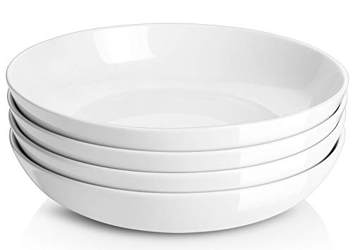 Y YHY Tiefe Teller 4er Set, 24.5 x 5.0 cm Tiefe Essteller, Suppenteller, Salatschüsseln, Pastaschüssel für 4 Personen, Große Speiseteller Porcelain für Pasta, Gulasch, Suppen und Salat-1480 ml/Weiß von Y YHY