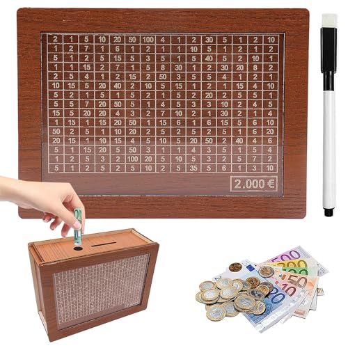 Spardose mit Zähler für 2000 Euro, Abnehmbare Markierung Holz Sparbox - Wiederverwendbare Geldkassette mit Ziel Ankreuzen von Y.A. LOTUS