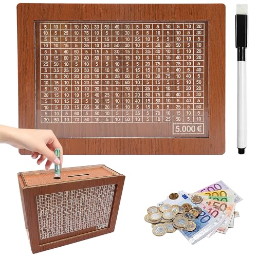 Spardose mit Zähler für 5000 Euro, Abnehmbare Markierung Holz Sparbox - Wiederverwendbare Geldkassette mit Ziel Ankreuzen von Y.A. LOTUS