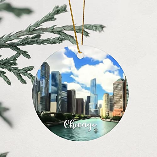 Chicago Christmas Ornament Chicago Lover Ceramic Andenken 3.2 Inch with Gold String Two Side Printed Retro Hanging Ornaments for Winter Christmas Holiday Home Xmas Tree Decorations von Y23YUGAA