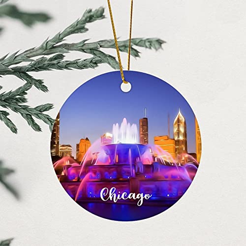 Christmas Ornament Chicago Christmas Tree Ornament Chicago Lover 3.2 Inch with Gold String Two Side Printed Retro New Homeowner Gift Ideas Ceramic Heart New House Ornament Andenken von Y23YUGAA
