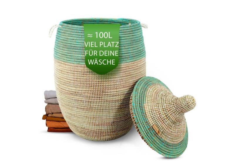 YAADU Wäschekorb mit Deckel 100L – Wäschesammler, Afrikanischer Wäschekorb, Handgeflochten aus Savannengras mit recycelten Plastikbändern von YAADU