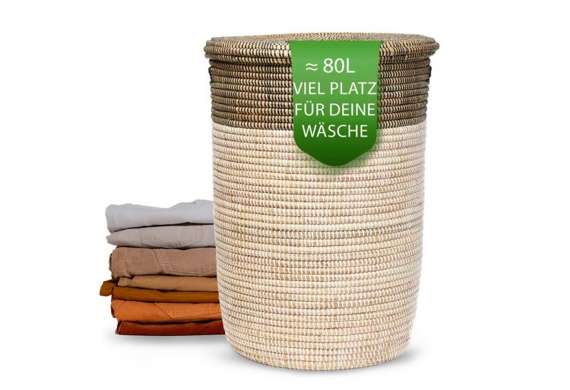 YAADU Wäschekorb mit flachem Deckel 80L – Wäschesammler, Afrikanischer Wäschekorb, Handgeflochten aus Savannengras mit recycelten Plastikbändern von YAADU