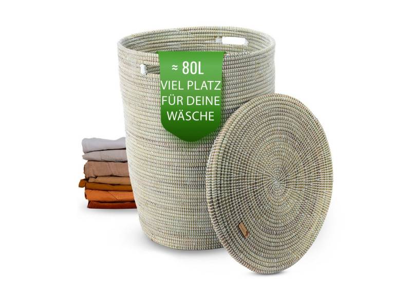 YAADU Wäschekorb mit flachem Deckel 80L – Wäschesammler, Afrikanischer Wäschekorb, Handgeflochten aus Savannengras mit recycelten Plastikbändern von YAADU