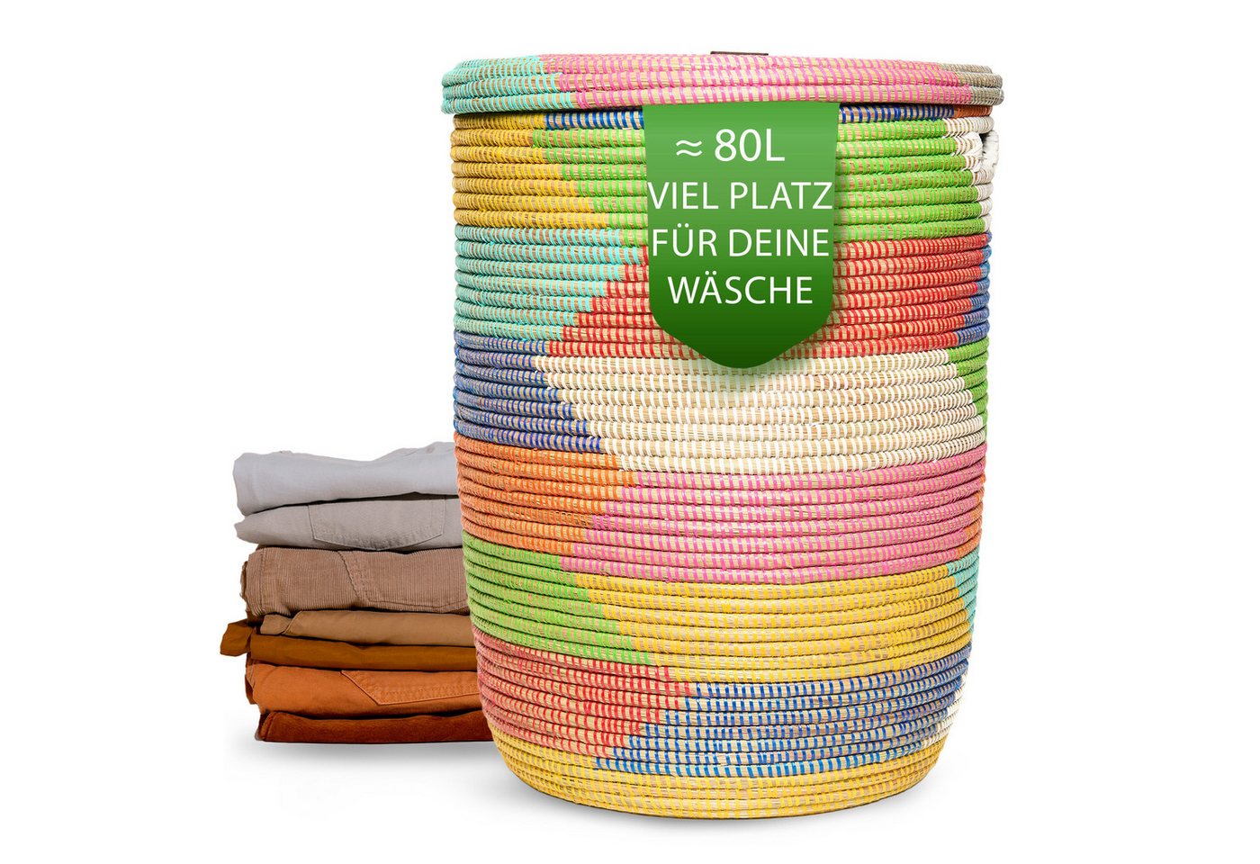 YAADU Wäschekorb mit flachem Deckel 80L – Wäschesammler, Afrikanischer Wäschekorb, Handgeflochten aus Savannengras mit recycelten Plastikbändern von YAADU