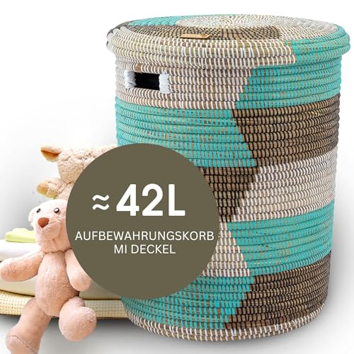 YAADU Aufbewahrungskorb mit Deckel 42L – Wäschekorb geflochten, Korb mit Deckel, Wäschesammler, Korb für Kinderzimmer. Afrikanischer Korb, Korb mit Henkel, Modell Kumasi (türkis-schwarz-weiß) von YAADU