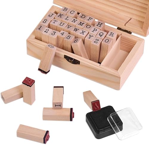 YAANBUNB 36 Stück Holzstempel Buchstaben und Zahlen Set mit Stempelkissen und Aufbewahrungsbox für Scrapbooking von YAANBUNB