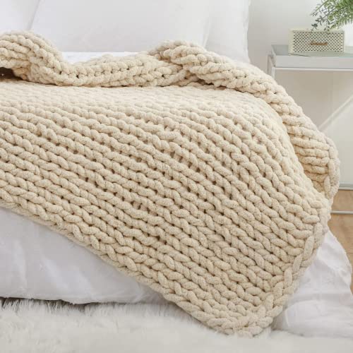 YAAPSU Grobstrickdecke Überwurf 50x60, Chenille-Überwurfdecken, grob gestrickte Überwurfdecke für Couch und Bett, weiche, große Strickdecken, großes Dickes Zopfstrick, Häkeldecken (beige) von YAAPSU