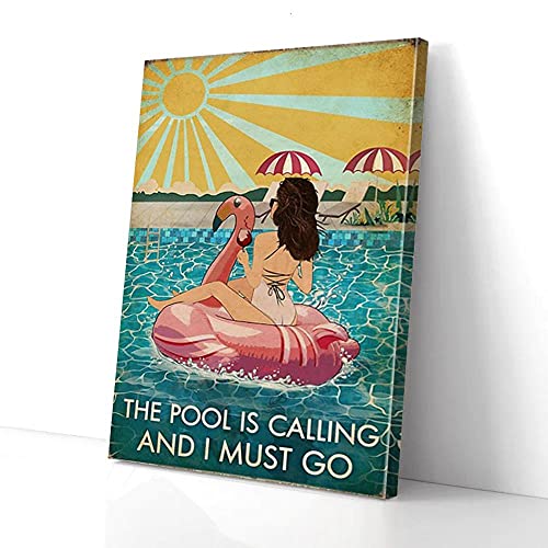 YAASIMOULE Leinwandbild „Der Pool ruft und ich muss gehen“, Mädchen trinkt, Wandkunst von YAASIMOULE