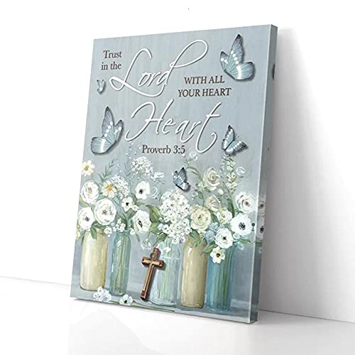 YAASIMOULE Leinwandbild „Trust In The Lord“ mit weißen Blumen und Schmetterlingen von YAASIMOULE