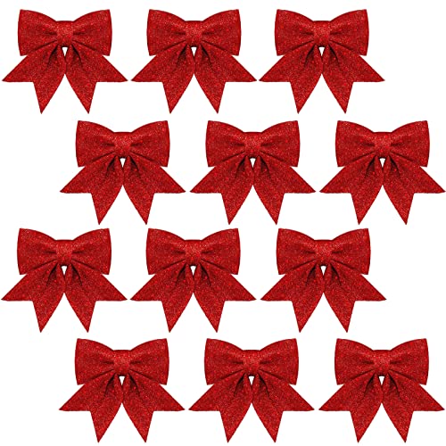 12 rote Weihnachtsschleifen für Baumdekorationen, 14 cm große Weihnachtskränze, Schleifen, Weihnachtsschleifen für Dekorationen, Pailletten-Fliegen, Weihnachtsbaum, Girlanden-Dekoration von YAAVAAW