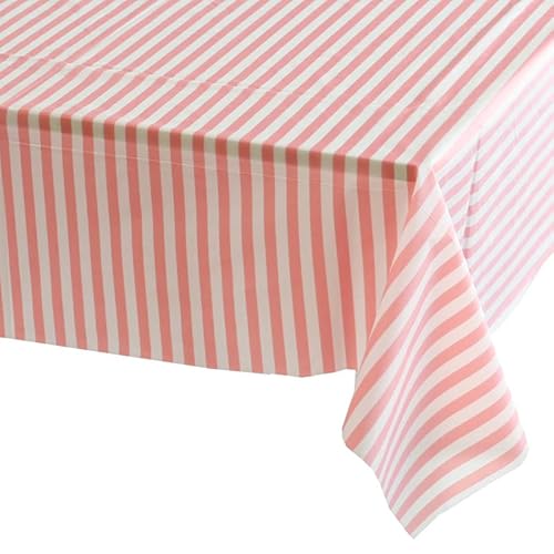 137x274 cm, rosa und weiße Streifen, Tischdecke, Party, rechteckige Einweg-Tischdecke, Kunststoff, rosa Tischdecke, Party für Picknick, Babyparty, Hochzeit, Weihnachten, Geburtstagsparty-Dekorationen von YAAVAAW