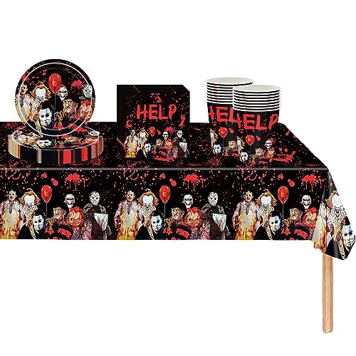 Halloween Party Geschirr Set 16 Gäste, Halloween Einweg Geschirr Set Halloween Geschirr Dekor mit Kunststoff Tischdecke, Papierteller Servietten und Tassen für Halloween Party Supplies Dekorationen von YAAVAAW
