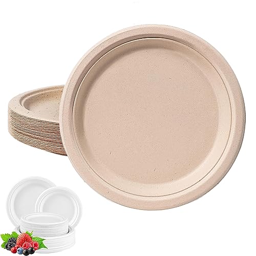 Super starre Bagasse-Teller, umweltfreundlich, kompostierbar, biologisch abbaubar, 23 cm, 50 Stück, stabile Zuckerrohrteller, braun, rund, Partyteller, Einweg, starke Pappteller, strapazierfähig für von YAAVAAW