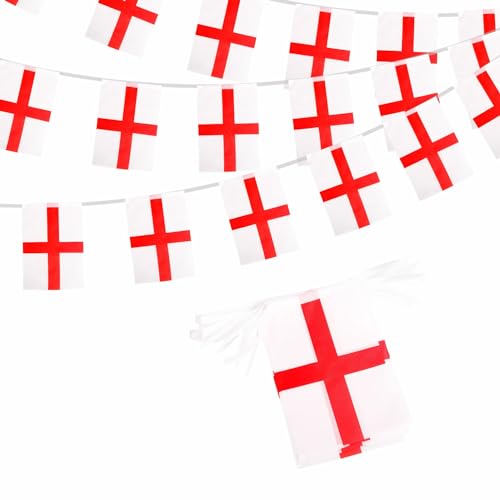 Wimpelkette mit englischen Flaggen, St. Georges-Kreuz-Flaggen, 10 m, 30 Flaggen, 14 x 21 cm, Euro-Fußball 2024, England-Wimpelkette, Banner, Party-Dekorationen für Sportveranstaltungen, Bar, Garten, von YAAVAAW