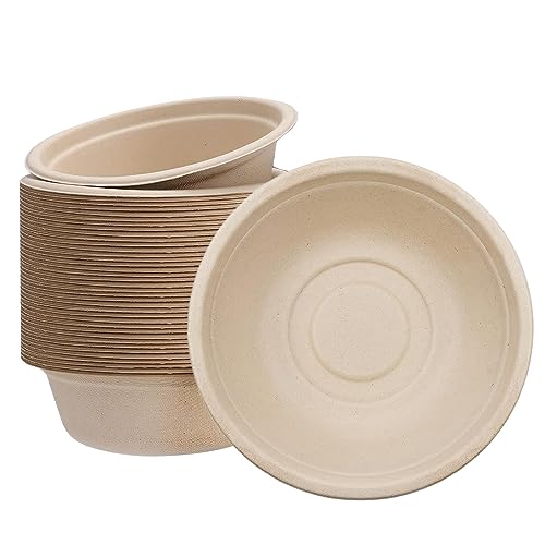 YAAVAAW 50Pcs Einweg Suppenschalen aus Zuckerrohr,Wärmespeicherung Suppenteller Einweg Klein Zuckerrohrschalen,Starke Papierschalen für Picknick,Geburtstag,Grillen und Party(Natur, 480 ml-50) von YAAVAAW