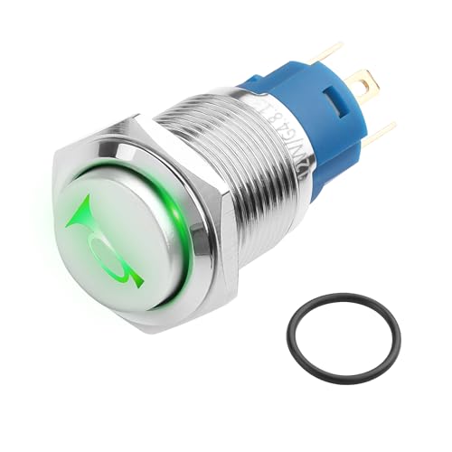 YACSEJAO 12V Autohupe Taster Schalter grünes LED Licht Ein/Aus Reset Schalter Schlüssel IP66 Wasserdicht Metall Lautsprecher Motorrad Power Toggle Button (16MM) von YACSEJAO