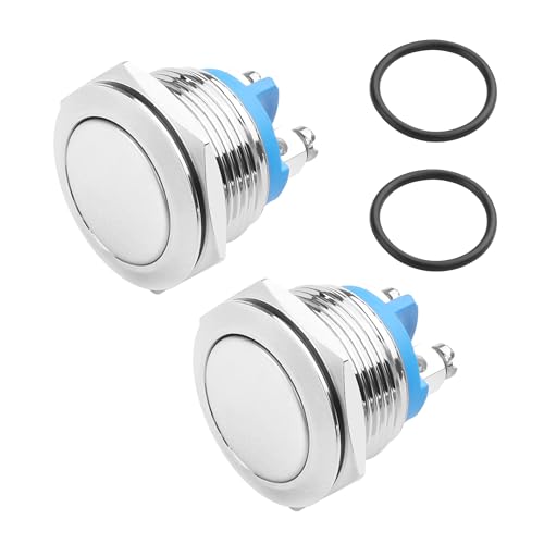 YACSEJAO 2 Stück 19 mm Drucktastenschalter 3A 24V IP66 Wasserdicht Edelstahl Metall Rundschalter mit wasserdichtem Gummiring 2 Pin Schraubanschluss (Flacher Kopf) von YACSEJAO