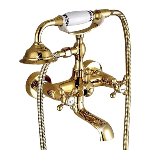 Badewannenarmatur Wannenbatterie Retro Vintage Stil Messing Doppelhebel Wandmontage Wannenarmatur Badewanne Amatur Mit Handbrause Wannenmischer Dusche Set, Gold von YAEGER