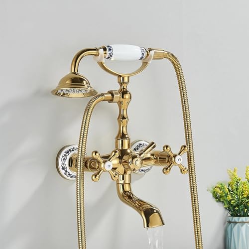 Badewannenarmatur Wannenbatterie Retro Vintage Stil Messing Doppelhebel Wandmontage Wannenarmatur Badewanne Amatur Mit Handbrause Wannenmischer Dusche Set, Gold von YAEGER