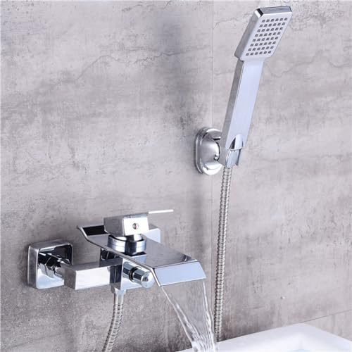 Badewannenarmatur Wasserfall Wannenbatterie Messing Einhand Wandmontage Wannenarmatur Badewanne Amatur Mit Handbrause Wannenmischer Dusche Set, Chrom von YAEGER