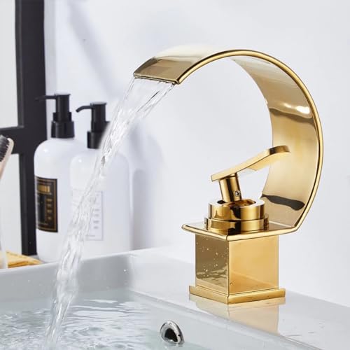 Wasserfall Wasserhahn Bad Waschtischarmatur Badarmatur Gold Moderne Stil Messing Einhebelmischer Mischbatterie, Waschbecken Armatur Wasserhahn Waschbecken von YAEGER