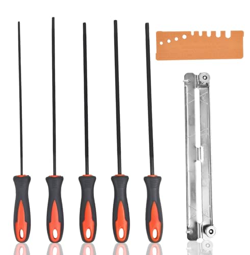 7 Stück Feile für Kettensäge Mit Griff, Aktenhalter Pferd Feile und Schnelllehre, Metall Kettensäge Rundfeilenset, 5 Größen, 3.2 mm, 4.0 mm, 4.8 mm, 5.2 mm, 5.5 mm, Schärfen Passend für Kettensägen von YAEGIMHT