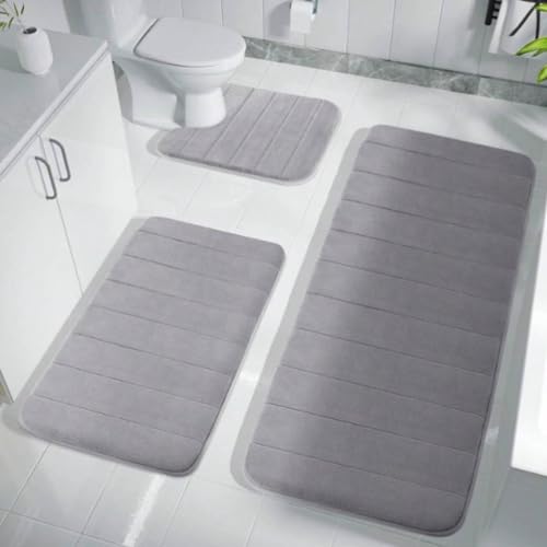 Memory-Schaum-Badematten-Set, 3-teilig, moderner Badezimmerteppich, waschbare Badezimmermatten, extra saugfähige weiche Badematten-Sets, rutschfester U-förmiger Toilettenvorleger for Fußmatten, Badewa von YAERLE