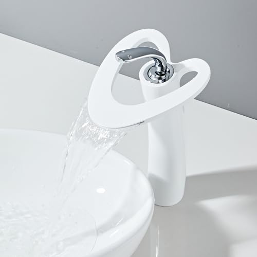 YAGJIA Waschtischarmatur Hoch, Wasserfall Wasserhahn Bad Weiss, Armatur Waschbecken Badezimmer aus Messing, Einhebel Mischbatterie Badarmatur Aufsatzwaschbecken mit Silber Griff von YAGJIA