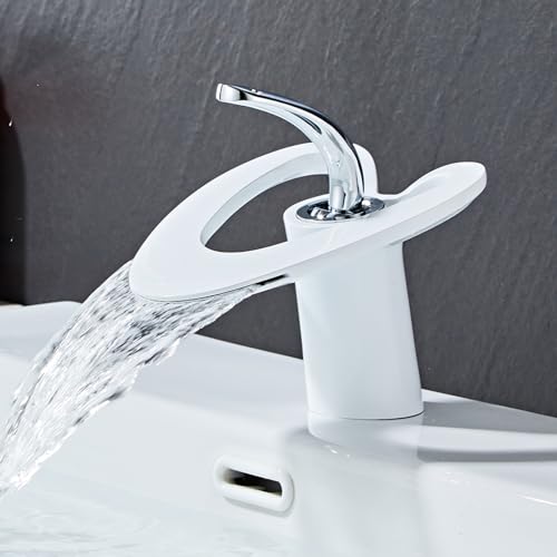 YAGJIA Wasserfall Wasserhahn Bad Waschbecken, Waschtischarmatur Weiss, Armatur Badezimmer aus Messing, Einhebel Mischbatterie Badarmatur mit Silber Griff, Modern Elegant von YAGJIA