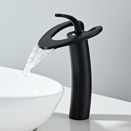 YAGJIA Wasserhahn Bad Schwarz Wasserfall, Waschtischarmatur Hoch, Armatur Waschbecken Badezimmer, Einhand Mischbatterie Badarmatur Aufsatzwaschbecken aus Messing von YAGJIA