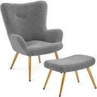 Ohrensessel mit Hocker Polyester-Bezug, Fernsehsessel Armlehnensessel Polstersessel Relaxsessel Cocktailsessel Teddy-Plüsch Stilvolles Design Grau von YAHEETECH
