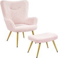 Ohrensessel mit Hocker Polyester-Bezug, Fernsehsessel Armlehnensessel Polstersessel Relaxsessel Cocktailsessel Teddy-Plüsch Stilvolles Design Rosa von YAHEETECH