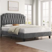 Polsterbett Doppelbett 140 × 200 cm Stoffbett Jugendbett Gepolstertes Bett mit höhenverstellbarem Kopfteil Bettrahmen mit Lattenrost, Dunkelgrau von YAHEETECH