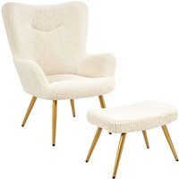 Ohrensessel mit Hocker Polyester-Bezug, Fernsehsessel Armlehnensessel Polstersessel Relaxsessel Cocktailsessel Teddy-Plüsch Stilvolles Design Weiß von YAHEETECH