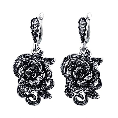YAHOYA Vintage Kristall Rose Blume Drop Ohrringe Für Frauen Antik Silber Farbe Schwarz CZ Mode Schmuck Ohrringe Geschenk von YAHOYA